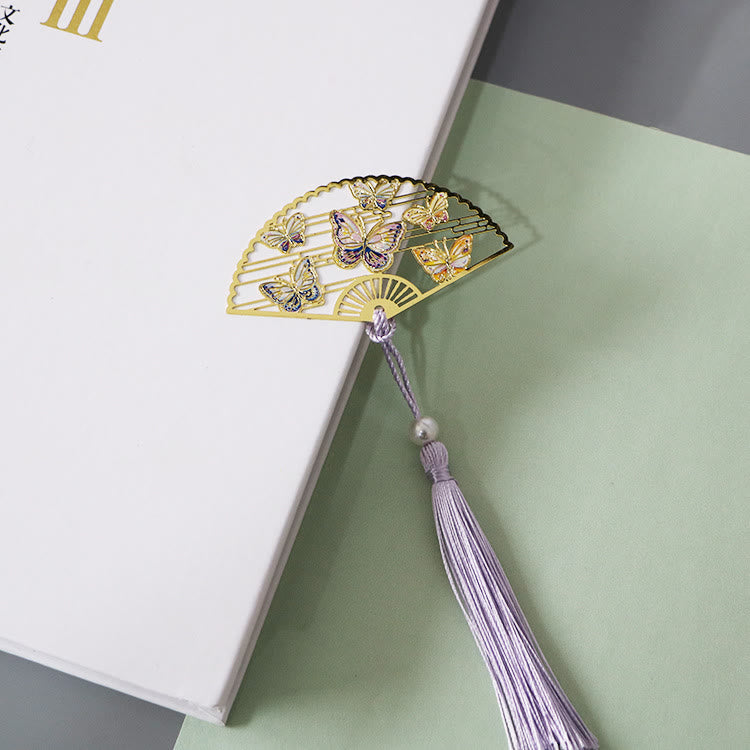 Buddha Stones Traditional Butterfly Lotus Flower Crane Dragon Phoenix Fox Koi Fish New Beginning Metal Brass Hollow Fan Bookmarks - Flying Butterflies - image 3