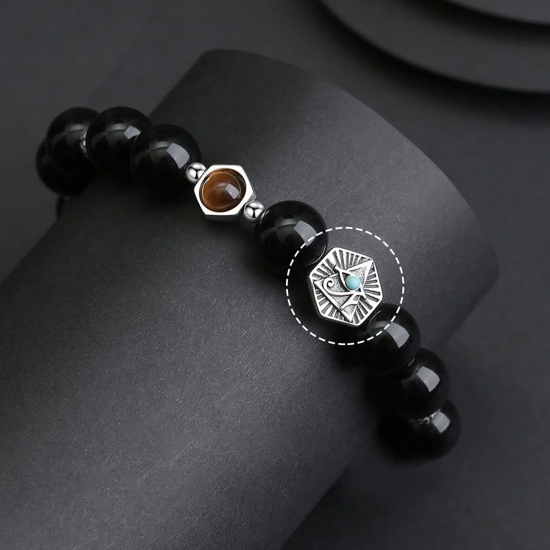 Buddha Stones 925 Sterling Silver Black Obsidian Tiger Eye Eye of Providence Purification Bracelet - image 2