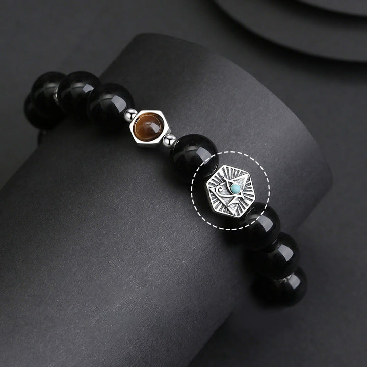 Buddha Stones 925 Sterling Silver Black Obsidian Tiger Eye Eye of Providence Purification Bracelet - image 2
