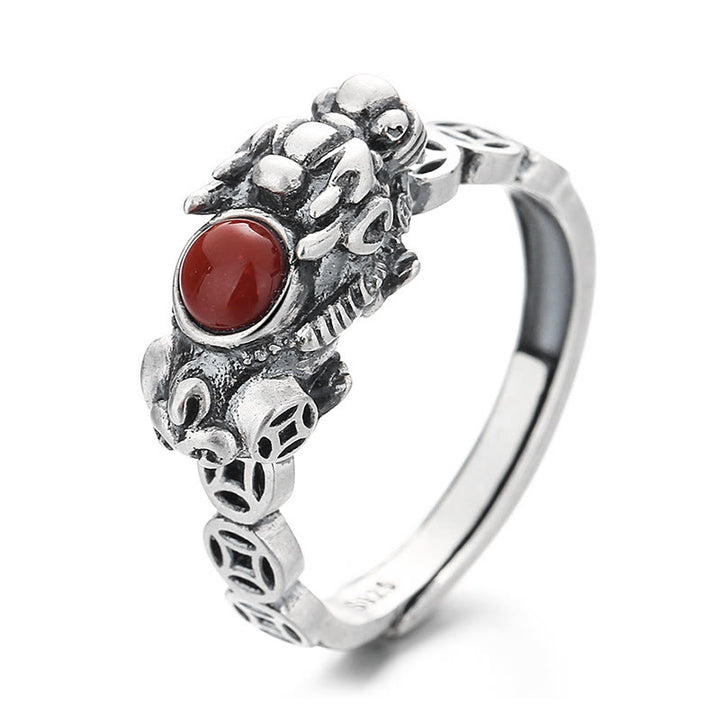 Buddha Stones PiXiu Copper Coin Red Agate Wealth Luck Ring - image 3