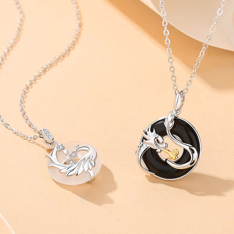 Buddha Stones 925 Sterling Silver Year of the Dragon Natural Black Onyx Chalcedony Dragon Phoenix Peace Buckle Protection Necklace Pendant - image 6