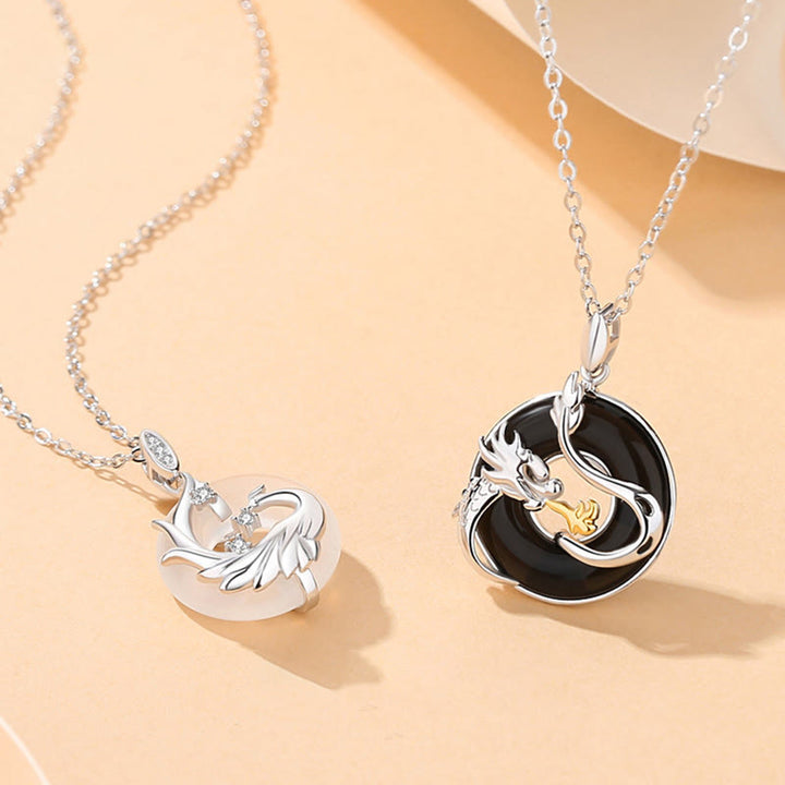 Buddha Stones 925 Sterling Silver Year of the Dragon Natural Black Onyx Chalcedony Dragon Phoenix Peace Buckle Protection Necklace Pendant - image 6