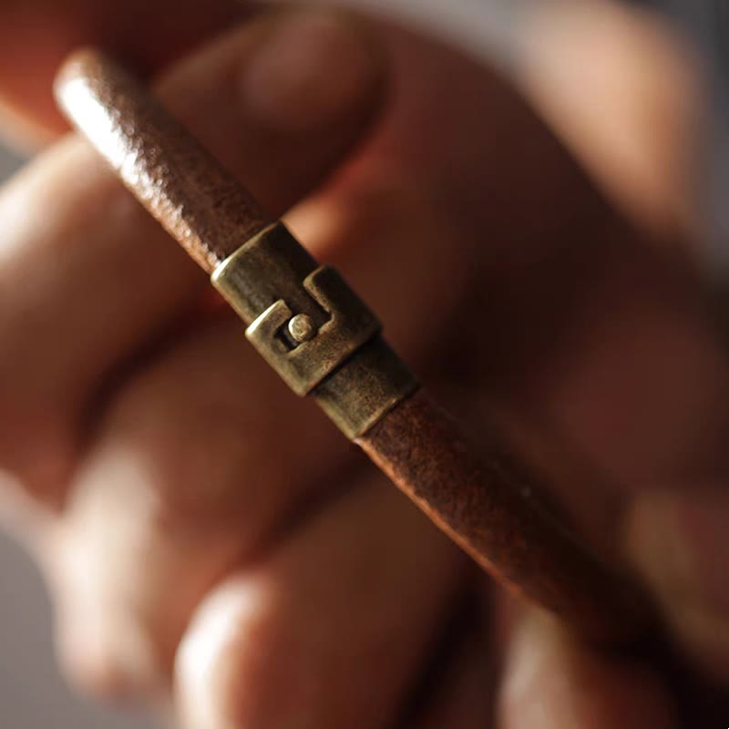 Buddha Stones Retro Leather Luck Healing Copper Magnetic Buckle Bracelet - image 11