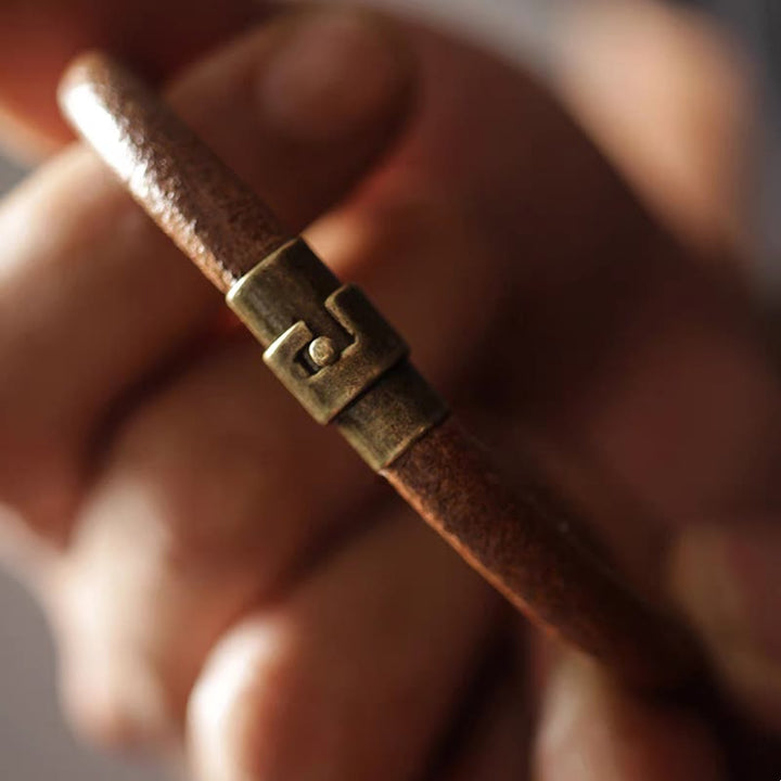 Buddha Stones Retro Leather Luck Healing Copper Magnetic Buckle Bracelet - image 11