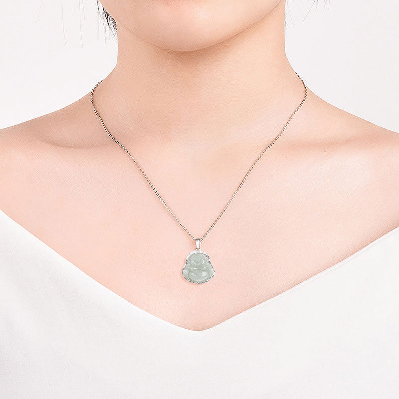 Buddha Stones 925 Sterling Silver Laughing Buddha Jade Luck Calm Necklace Chain Pendant - image 2