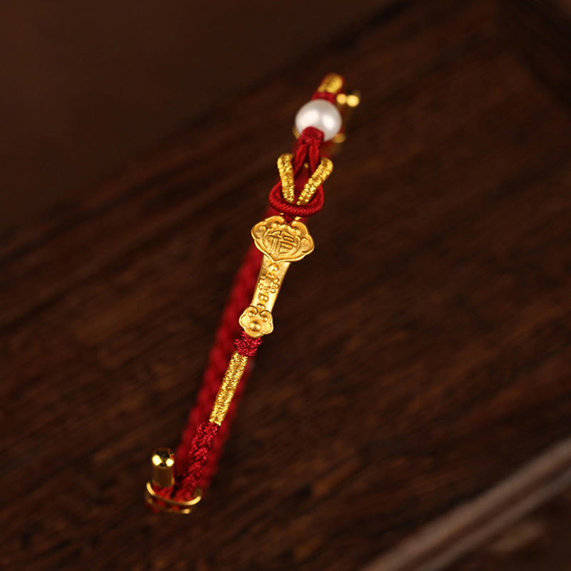 Buddha Stones 24K Gold Wish Ruyi Handle Fu Character Rabbit Pearl Luck Braided Bracelet - image 3