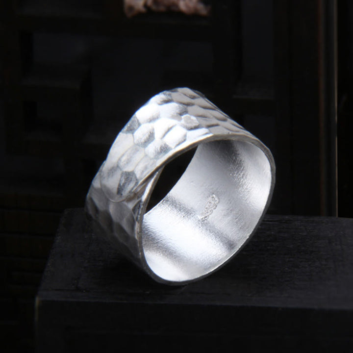 Buddha Stones Tibetan 990 Sterling Silver Handmade Rustic Hammered Pattern Ring - image 3