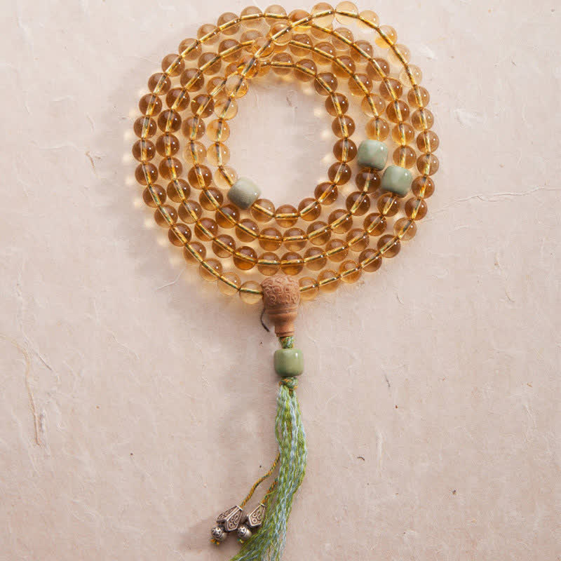 Buddha Stones 108 Mala Beads 925 Sterling Silver Citrine Sandalwood Turquoise Protection Prosperity Bracelet - Citrine (Happiness ♥ Prosperity) - image 0