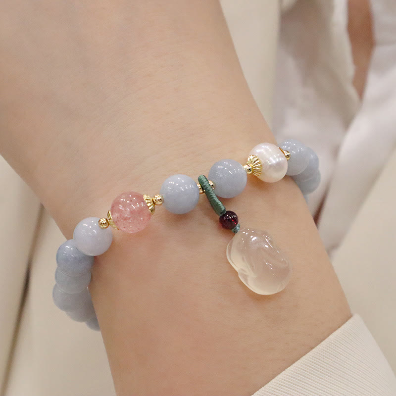 Buddha Stones Natural Aquamarine Chalcedony Serenity Rabbit Gourd Cat Charm Bracelet - Aquamarine Chalcedony Rabbit - image 1