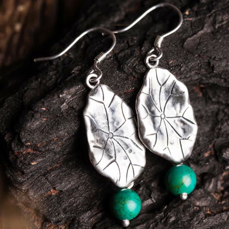 Buddha Stones 925 Sterling Silver Turquoise Lotus Leaf Protection Drop Dangle Earrings - image 1