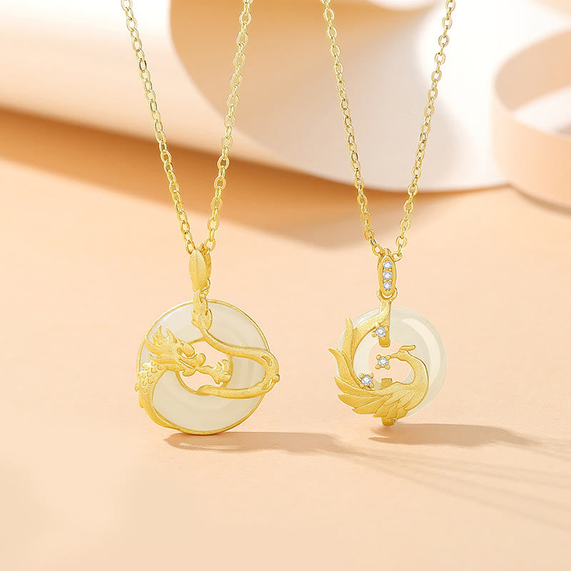 Buddha Stones 925 Sterling Silver Year of the Dragon Hetian Jade Golden Dragon Phoenix Peace Buckle Luck Necklace Pendant - image 0