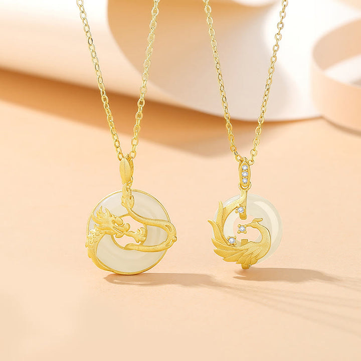 Buddha Stones 925 Sterling Silver Year of the Dragon Hetian Jade Golden Dragon Phoenix Peace Buckle Luck Necklace Pendant - image 0