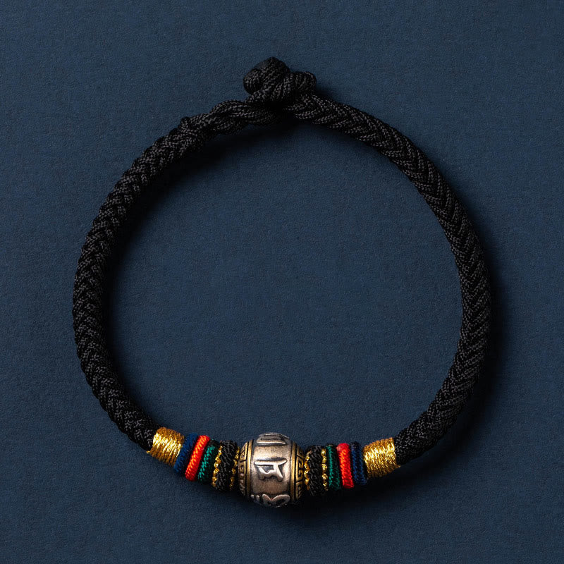 Buddha Stones 925 Sterling Silver Tibet Handmade Om Mani Padme Hum Luck Protection King Kong Knot Braided Bracelet - Colorful Version - Black - 18cm - image 13