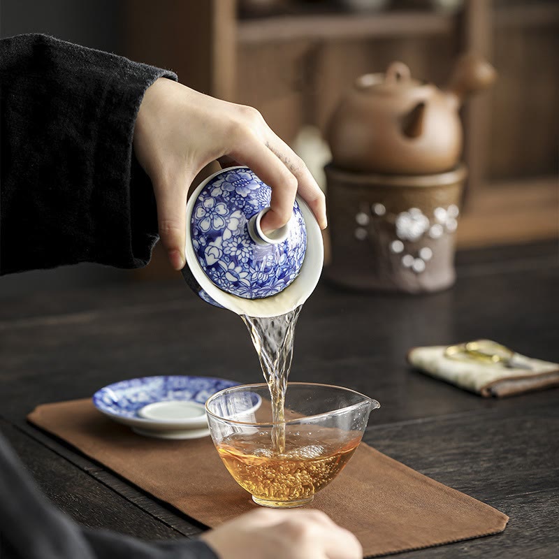 Buddha Stones Vintage Blue And White Porcelain Ceramic Gaiwan Sancai Teacup Kung Fu Tea Cup And Saucer With Lid - image 4