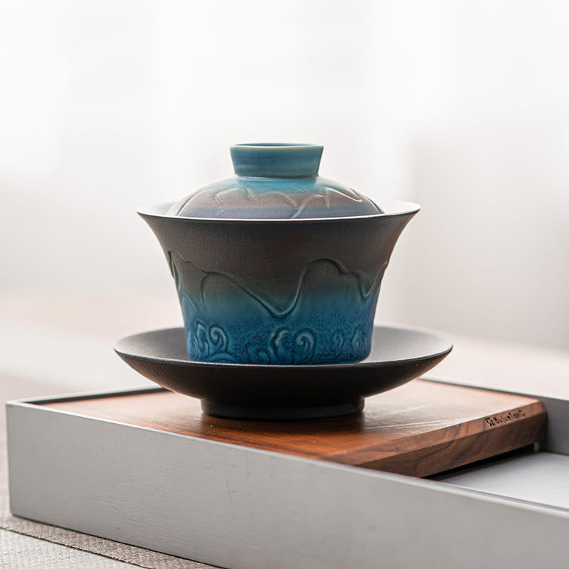 Buddha Stones Retro Blue Ocean Sea Waves Gradient Ceramic Gaiwan Sancai Teacup Kung Fu Tea Cup And Saucer With Lid - image 1