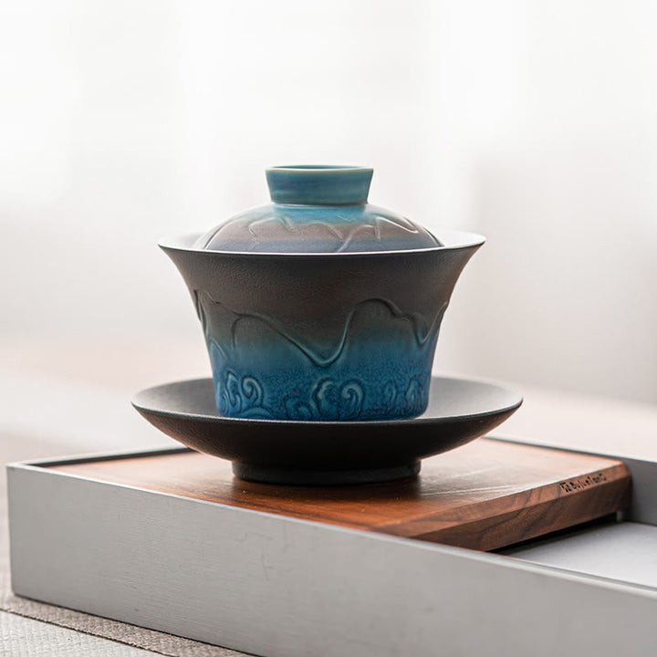 Buddha Stones Retro Blue Ocean Sea Waves Gradient Ceramic Gaiwan Sancai Teacup Kung Fu Tea Cup And Saucer With Lid - image 1