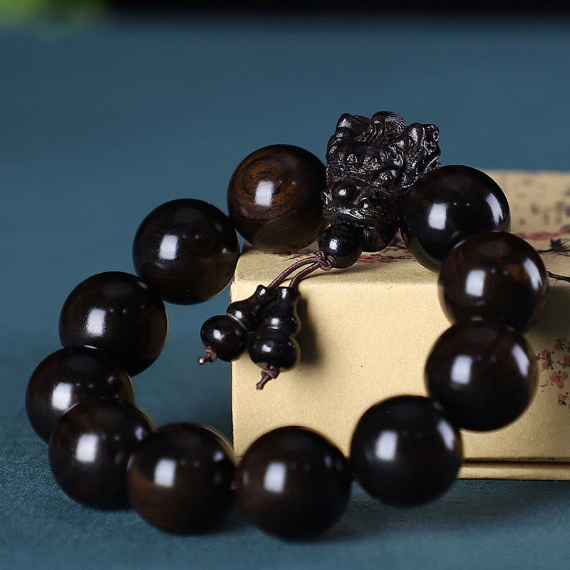 Buddha Stones Rosewood Green Sandalwood Small Leaf Red Sandalwood Dragon Carved Protection Bracelet - African Blackwood - image 16