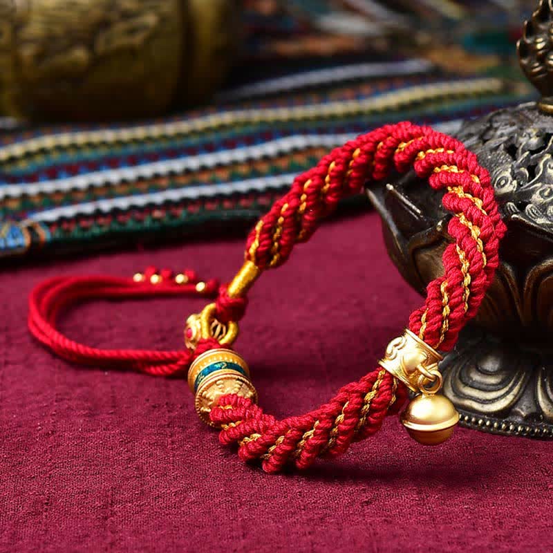 Buddha Stones Tibetan Handmade Luck Protection Thangka Prayer Wheel Bell Charm Braid String Bracelet - Dark Red(Wrist Circumference 14-19cm) - image 8