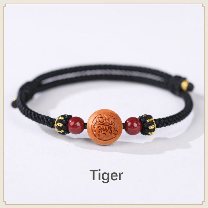 Buddha Stones Natural Peach Wood Chinese Zodiac Fu Character Carved Cinnabar Wealth Bracelet - Tiger-Black(Wrist Circumference 14-22cm) - image 11