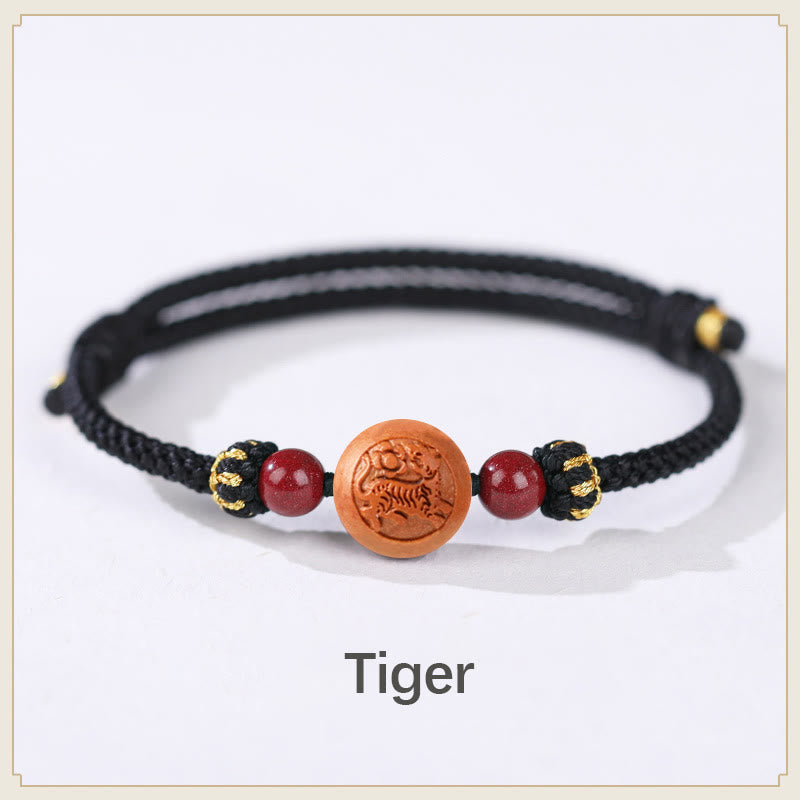 Buddha Stones Natural Peach Wood Chinese Zodiac Fu Character Carved Cinnabar Wealth Bracelet - Tiger-Black(Wrist Circumference 14-18cm) - image 11