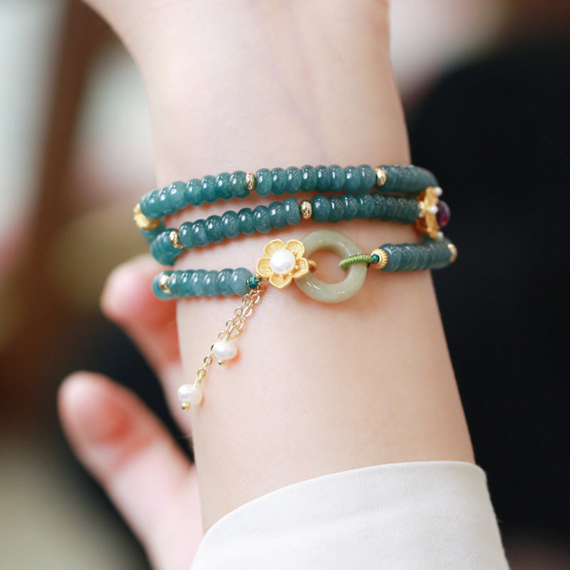 Buddha Stones 925 Sterling Silver Gold Plated Cyan Jade Flower Peace Buckle Success Triple Wrap Bracelet - image 3