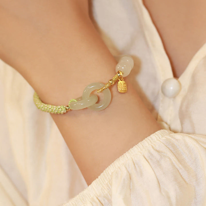 Buddha Stones Natural Hetian Jade Bead Double Peace Buckle Fu Character Abundance Braided Bracelet - image 8