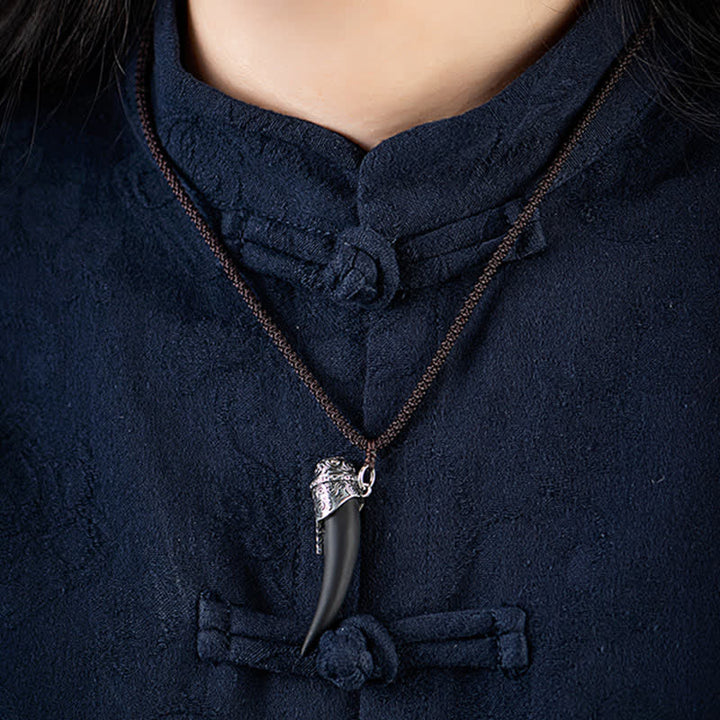 925 Sterling Silver Black Obsidian Wolf Tooth Pattern Strength Necklace Pendant - image 2