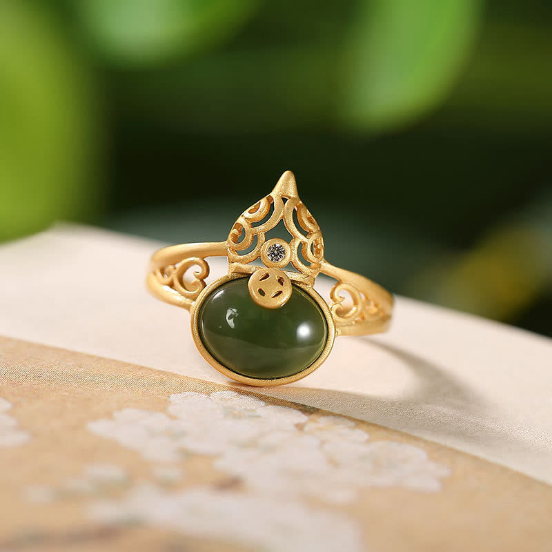 Buddha Stones Gourd Cyan Jade Copper Coin Success Luck Adjustable Ring - Cyan Jade(Success♥Healing) - image 0