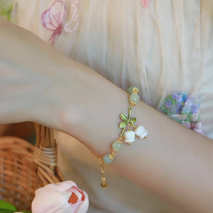 Buddha Stones Green Jade Bead Lily of the Valley Prosperity Chain Bracelet - image 5