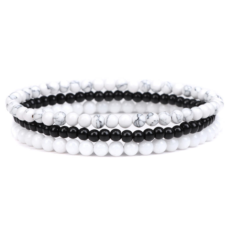 Buddha Stones 3Pcs Natural Crystal Stone Inner Peace Spiritual Bracelet - White Turquoise&Black Glass Beads&White Porcelain Beads(Wrist Circumference 15-19cm) - image 12