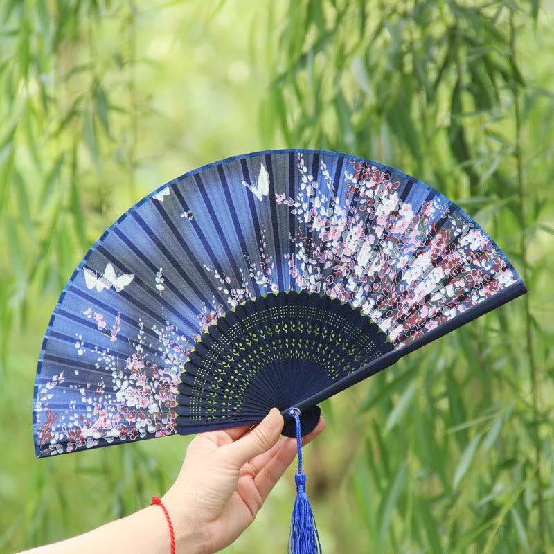 Buddha Stones Butterfly Flowers Handheld Bamboo Folding Fan - image 1