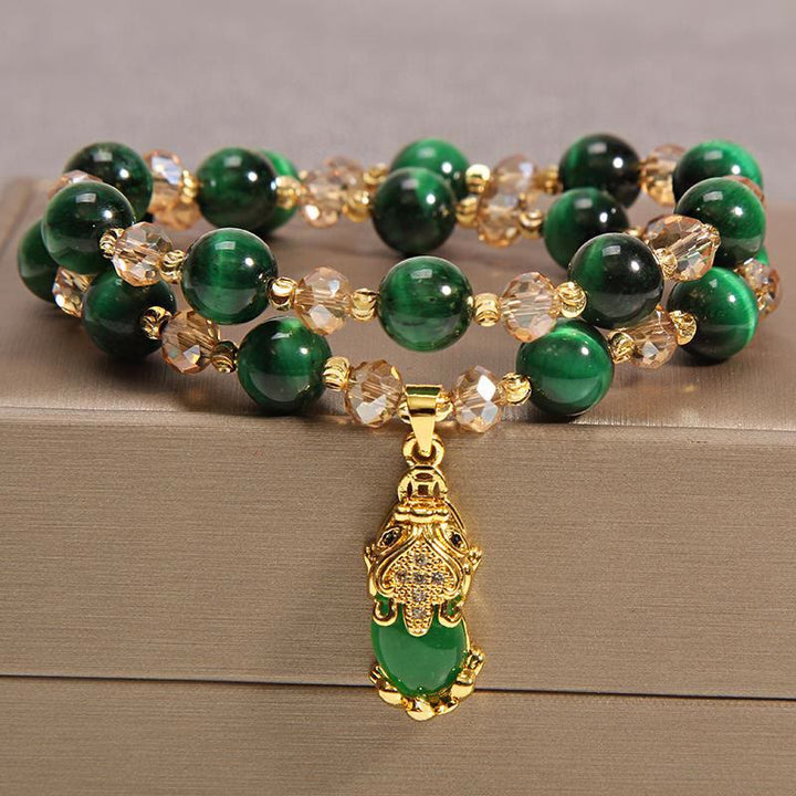 Buddha Stones Tiger Eye Pixiu Fox Money Bag Protection Self Confidence Double Wrap Bracelet - Green Tiger Eye&Pixiu - image 5