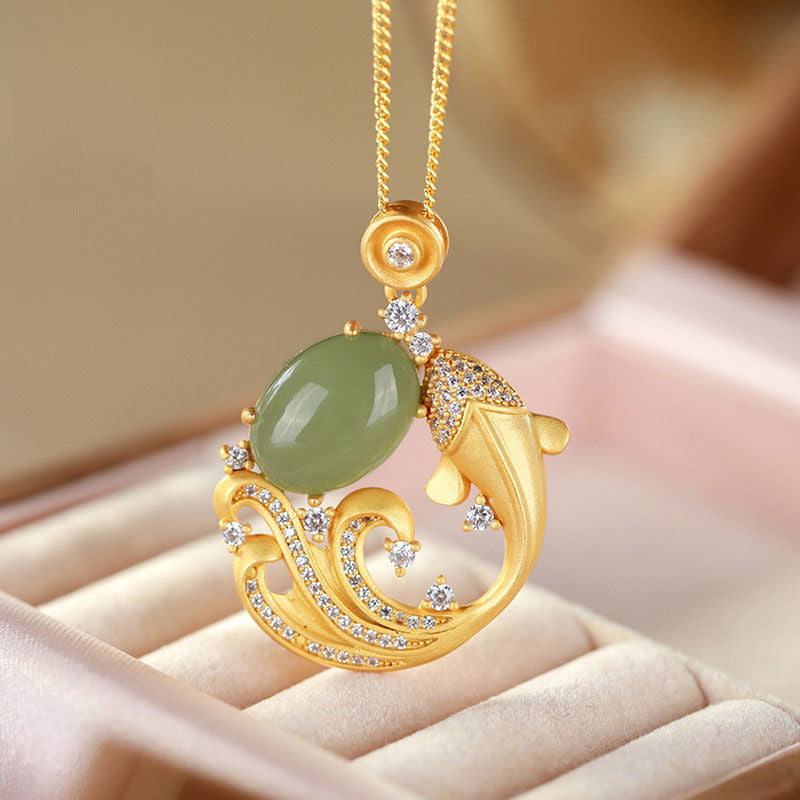 Buddha Stones Cyan Jade Koi Fish Healing Calm Necklace Pendant - 45+5cm - image 0