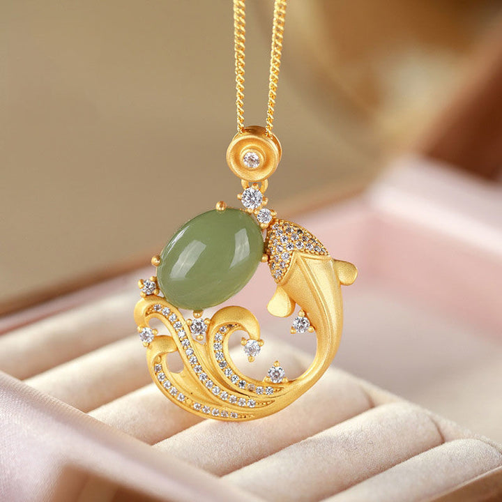 Buddha Stones Cyan Jade Koi Fish Healing Calm Necklace Pendant - 45+5cm - image 0