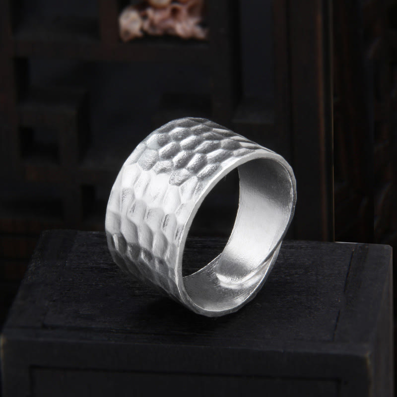 Buddha Stones Tibetan 990 Sterling Silver Handmade Rustic Hammered Pattern Ring - image 1