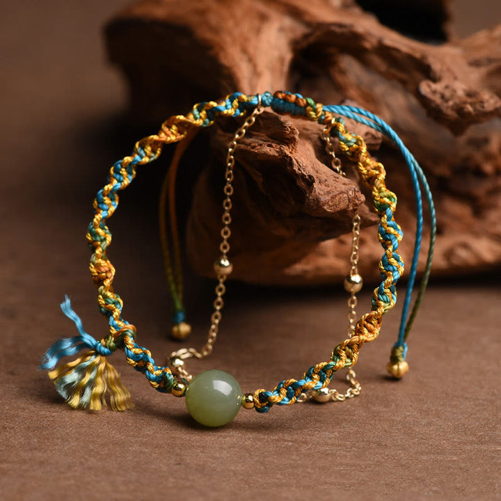 Buddha Stones Handmade Colorful Rope Luck Jade Bead Abundance Double Layer Bracelet - image 3