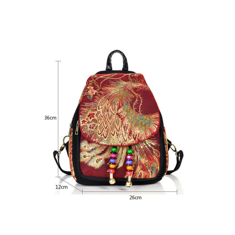 Buddha Stones Peacock Embroidery Canvas Tassel Backpack - image 20