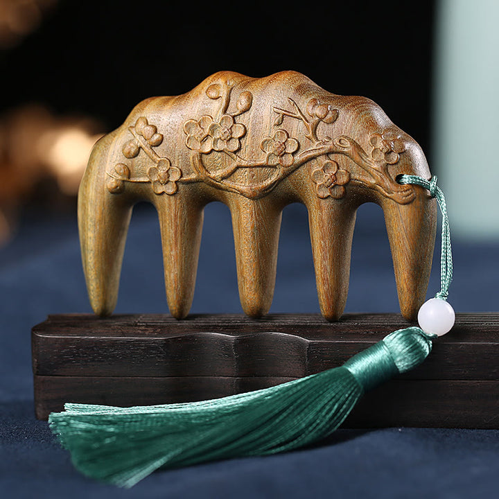 Green Sandalwood Plum Blossom Flowers Lotus Koi Fish Engraved Soothing Tassel Comb - Green Sandalwood Plum Blossom - image 14