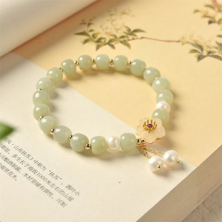 Buddha Stones Hetian Jade Flower Pearl Happiness Abundance Bracelet - image 1