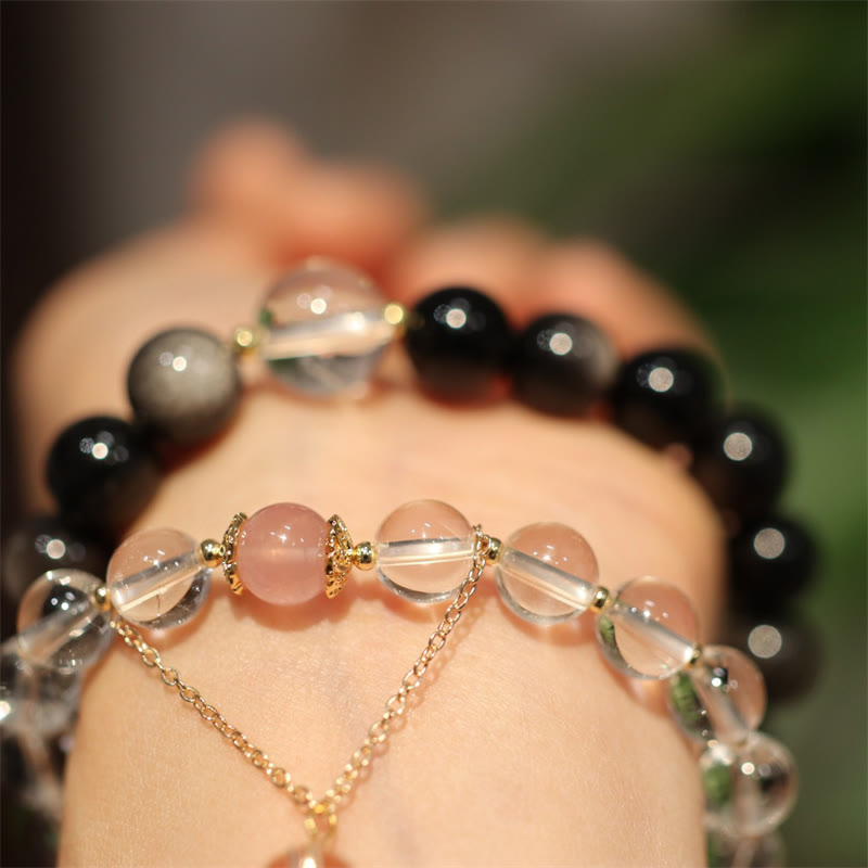 Buddha Stones Natural Silver Sheen Obsidian Pink Crystal White Crystal Protection Yin Yang Color Couple Bracelet - image 6