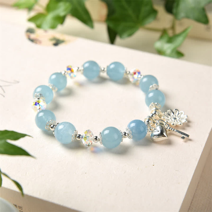 Buddha Stones 925 Sterling Silver Natural Aquamarine Serenity Flower Love Key Charm Bracelet - image 5