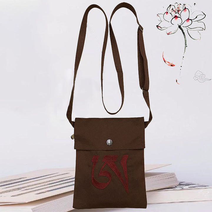 Handmade OM Mantra Embroidered Spiritual Mind Practice Cotton Crossbody Bag Shoulder Bag Cellphone Bag - Brown Mantra Spiritual Practice Shoulder Bag - image 8