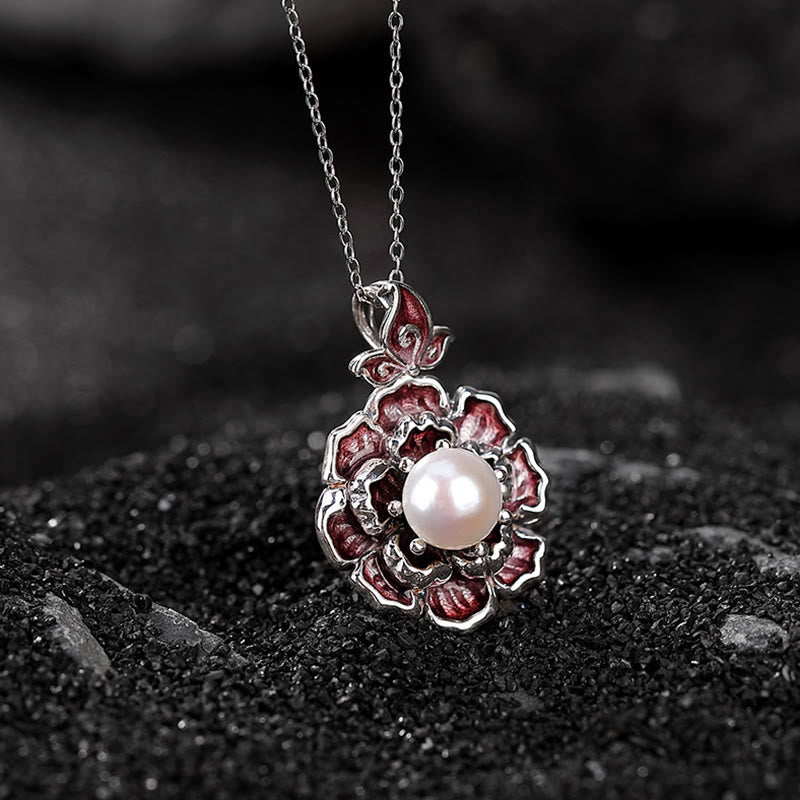 Buddha Stones 999 Sterling Silver Peony Flower Pearl Healing Necklace Pendant - image 1