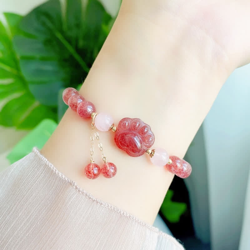 Buddha Stones Natural Strawberry Quartz Pink Crystal Lucky Cat Paw Love Bracelet - image 2