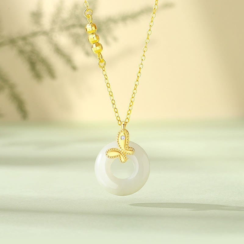 Buddha Stones 925 Sterling Silver Ginkgo Leaf Butterfly Rose Chalcedony Hetian Jade Peace Buckle Fu Character Harmony Necklace Pendant - Butterfly Hetian Jade - image 8