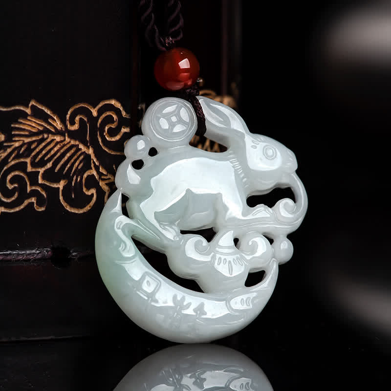 Year of the Rabbit White Jade Crescent Moon Protection Necklace Pendant - image 4