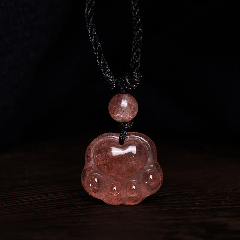 Buddha Stones Strawberry Quartz Lovely Cat Paw Claw Healing Necklace Pendant - image 6