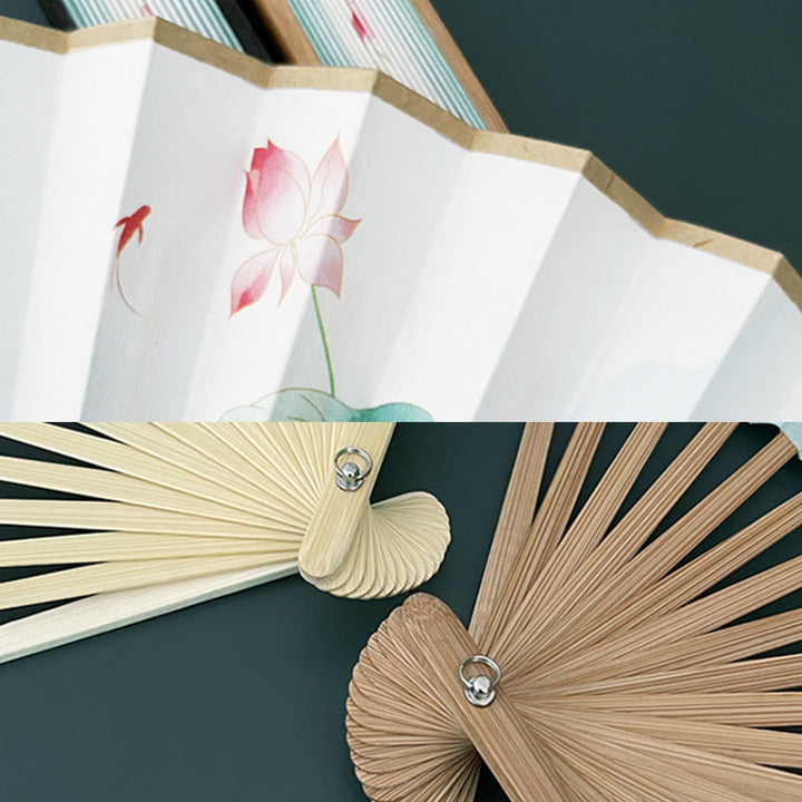 Buddha Stones Retro Lotus Flower Leaf Mountain Lake Handheld Folding Fan With Bamboo Frames - image 4