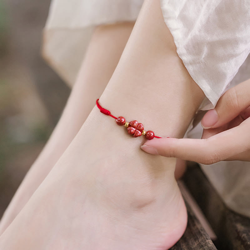 Buddha Stones Four Leaf Clover Cinnabar Blessing Calm String Bracelet Anklet - image 12