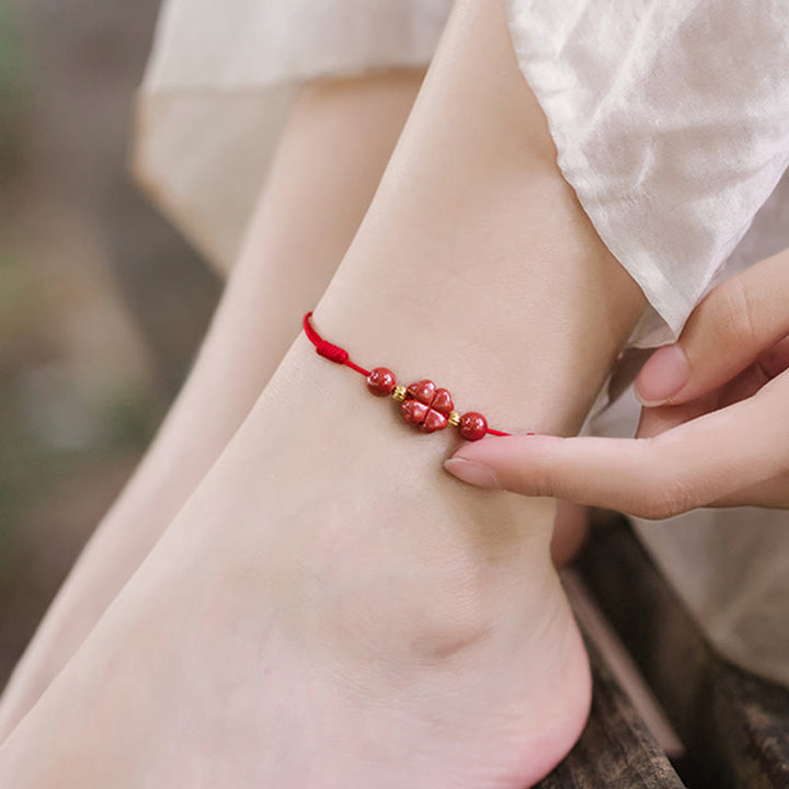 Buddha Stones Four Leaf Clover Cinnabar Blessing Calm String Bracelet Anklet - image 12